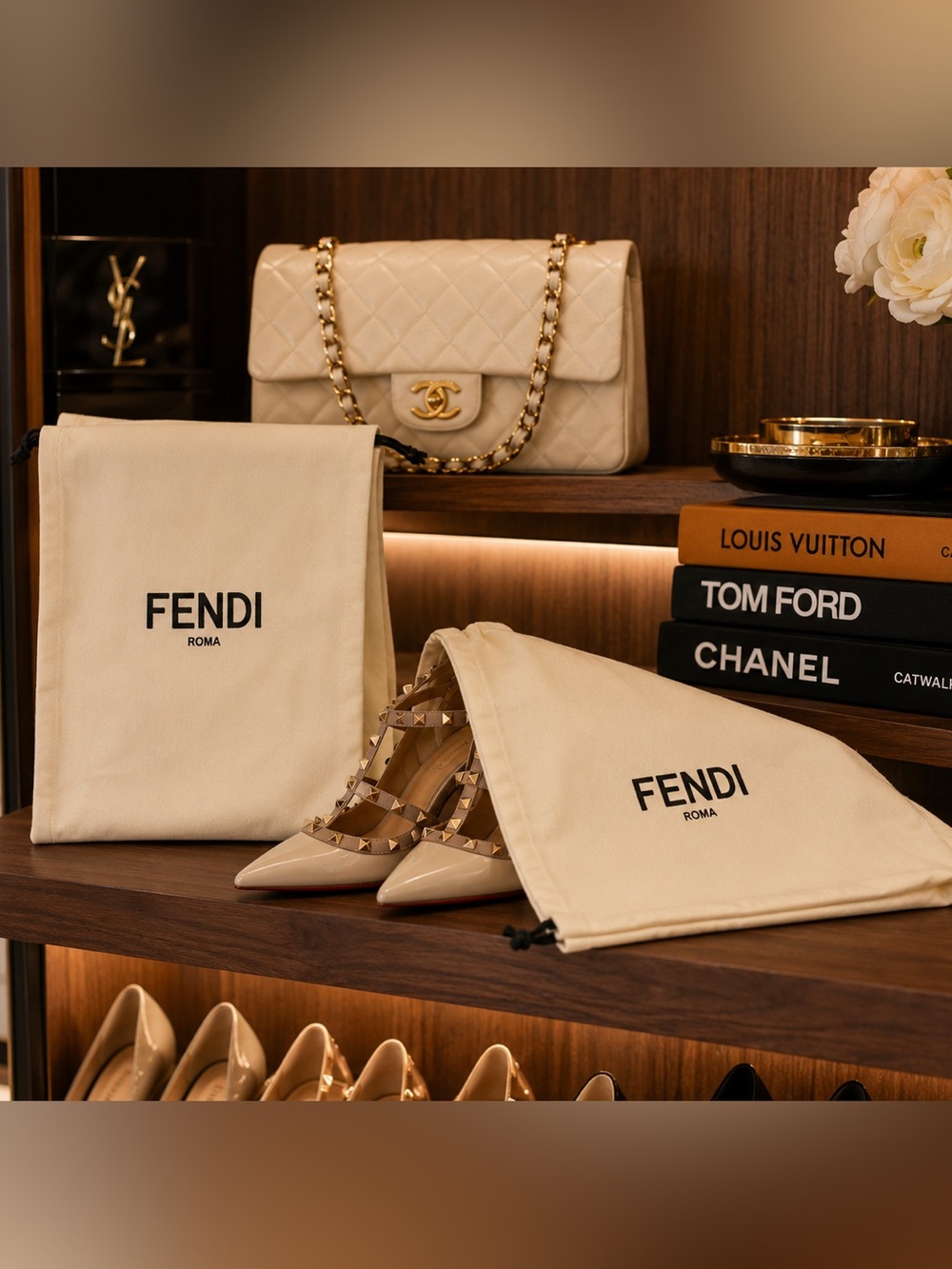 Fendi Roma Authentic Shoe Dust Bags (Set of 2) Large Ivory Cotton Drawstring Sto